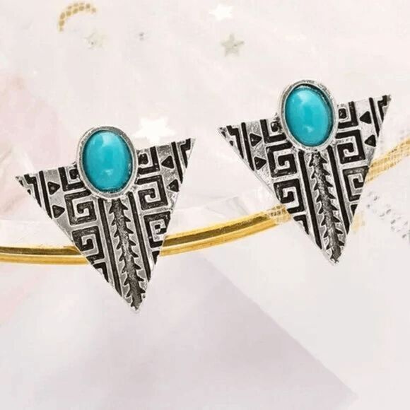 2/$21 Ladies Stylish Teal Triangular Earrings - Picture 1 of 3